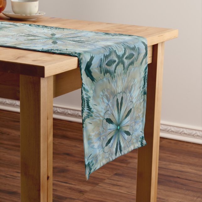 Abstract Flower Fractal Teal White Blue Grey Short Table Runner (In Situ)