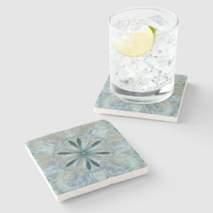 Abstract Flower Fractal Teal White Blue Grey Stone Coaster