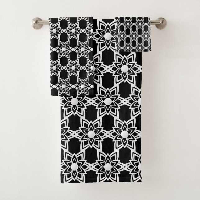 Abstract Flower Mandala Pattern on Black Bath Towel Set (Insitu)
