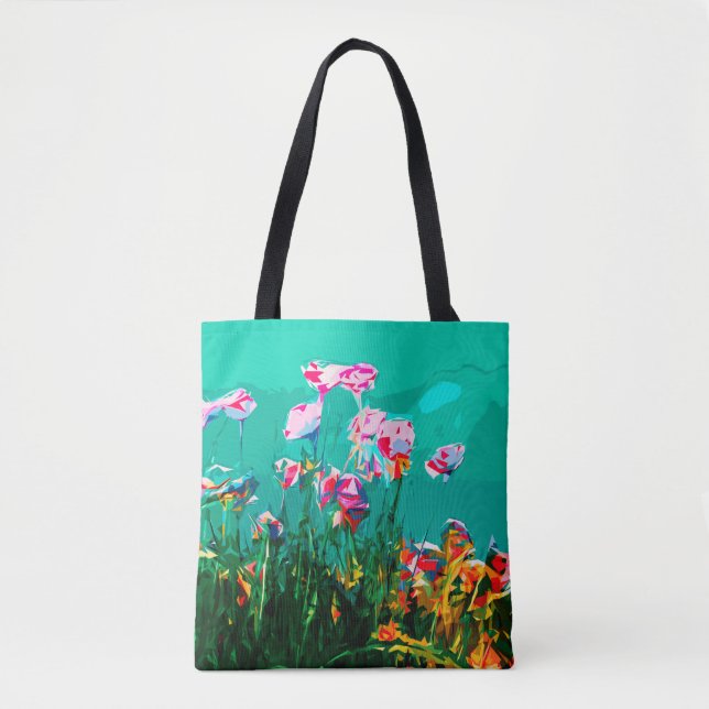 Abstract flower painting teal pink orange tote bag (Front)