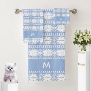 Abstract Flower Pattern on Light Blue & White Bath Towel Set