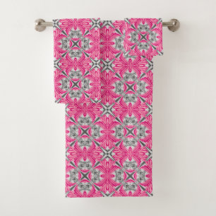 Abstract Flower Petals Fuchsia Pink and Grey Bath Towel Set