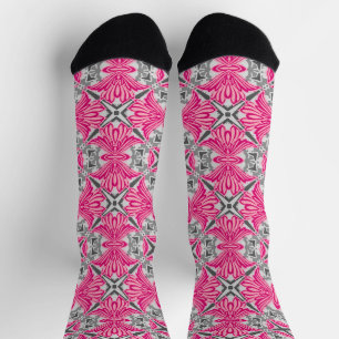 Abstract Flower Petals Fuchsia Pink and Grey   Socks
