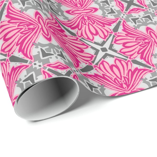 Abstract Flower Petals Fuchsia Pink and Grey   Wrapping Paper (Roll Corner)