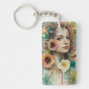 Abstract Flower Woman Portrait Key Ring