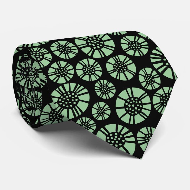 Abstract Flowers 031023 - Faded Green on Black Tie (Rolled)