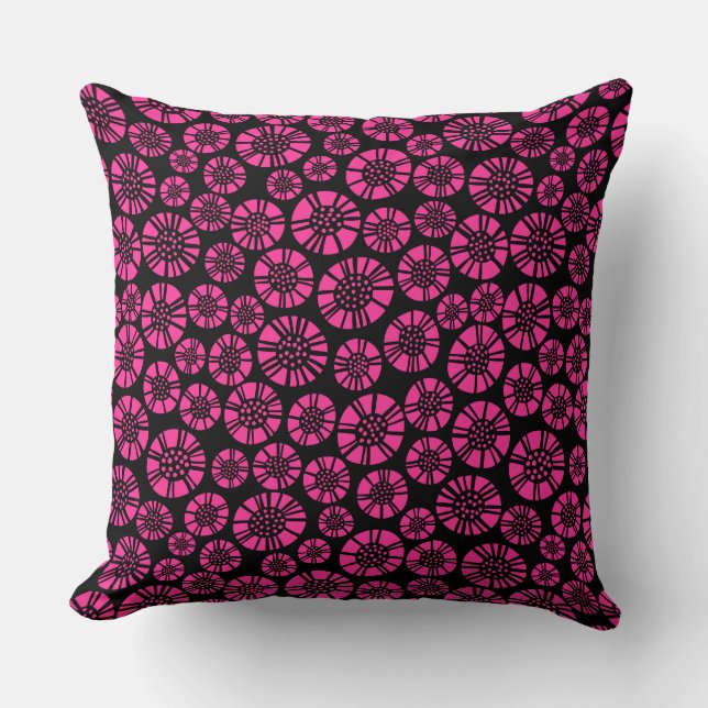 Abstract Flowers 031023 -Hot Pink on Black Cushion (Front)