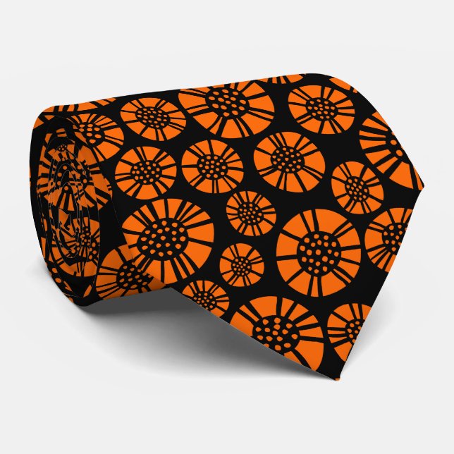 Abstract Flowers 031023 - Orange on Black Tie (Rolled)