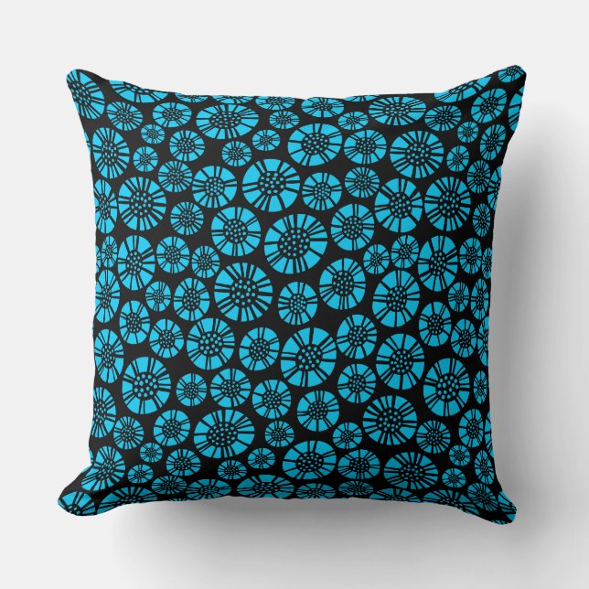 Abstract Flowers 031023 - Sky Blue on Black Cushion (Front)