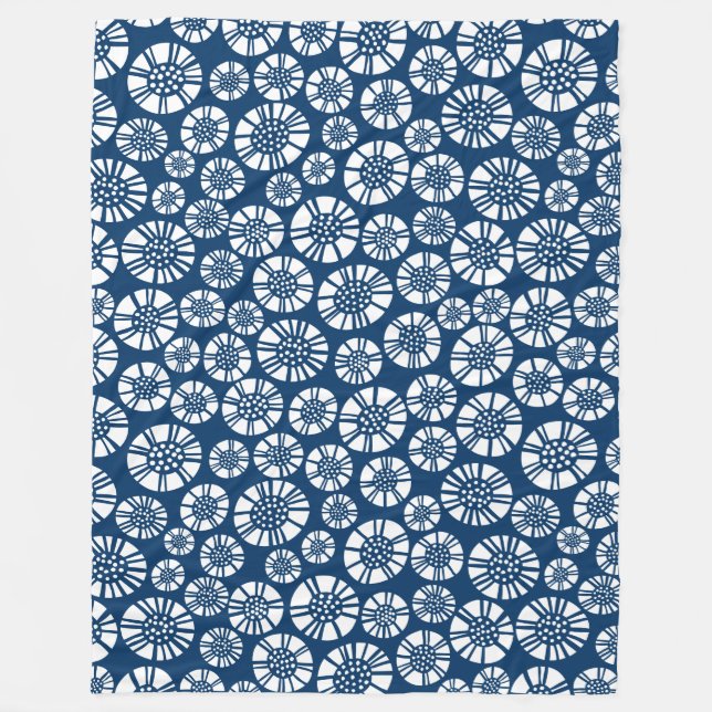 Abstract Flowers 031023 - White on Shibori Blue Fleece Blanket (Front)