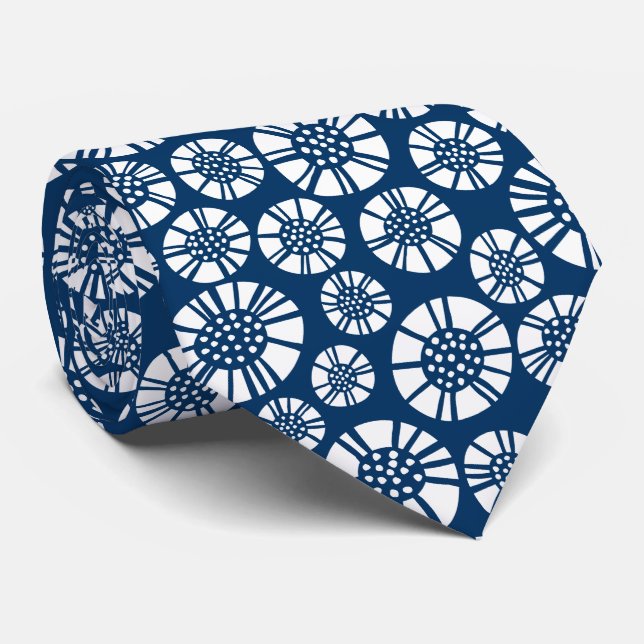 Abstract Flowers 031023 - White on Shibori Blue Tie (Rolled)