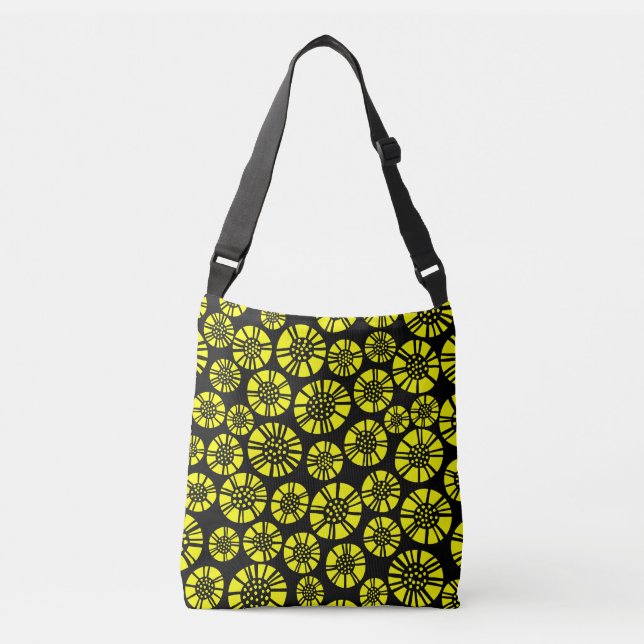 Abstract Flowers 031023 - Yellow on Black Crossbody Bag (Front)