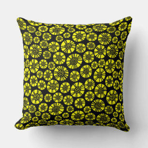 Abstract Flowers 031023 - Yellow on Black Cushion