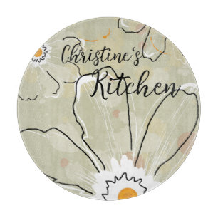 Abstract Flowers Add a Name 12" Glass Cutting Board