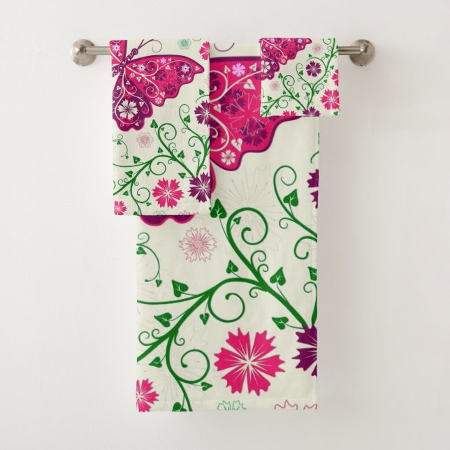 Abstract Flowers And Butterflies Bath Towel Set (Insitu)