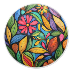 Abstract Flowers and Leaves  Ceramic Knob