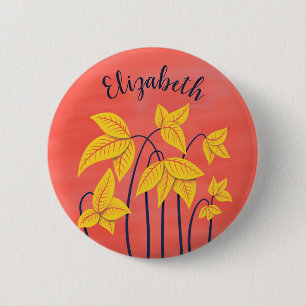 Abstract Flowers Coral Yellow Floral Art Name 6 Cm Round Badge