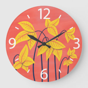 Abstract Flowers Coral Yellow Floral Geometric Art Large Clock