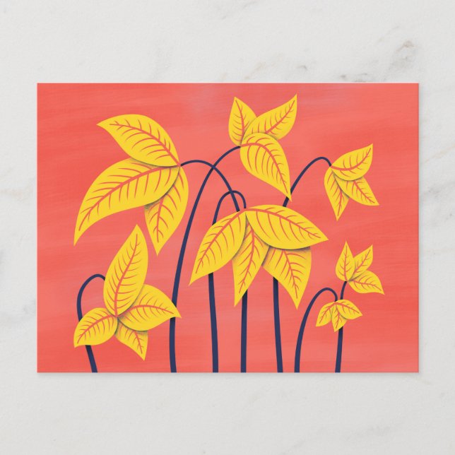 Abstract Flowers Coral Yellow Floral Geometric Art Postcard (Front)