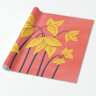 Abstract Flowers Coral Yellow Floral Geometric Art Wrapping Paper