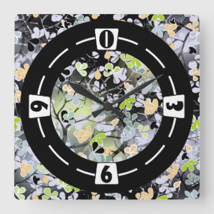 Abstract flowers floral modern black blue green le square wall clock