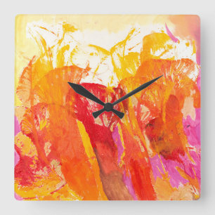 Abstract Flowers in Pink, Tangerine, and Gold Square Wall Clock