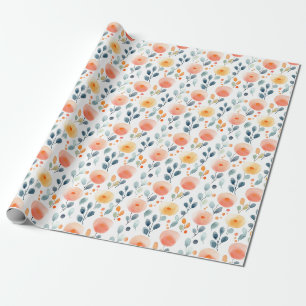 Abstract Flowers & Leaves on White Wrapping Paper