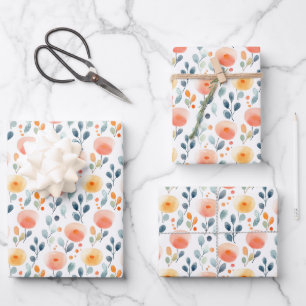 Abstract Flowers & Leaves on White Wrapping Paper Sheet