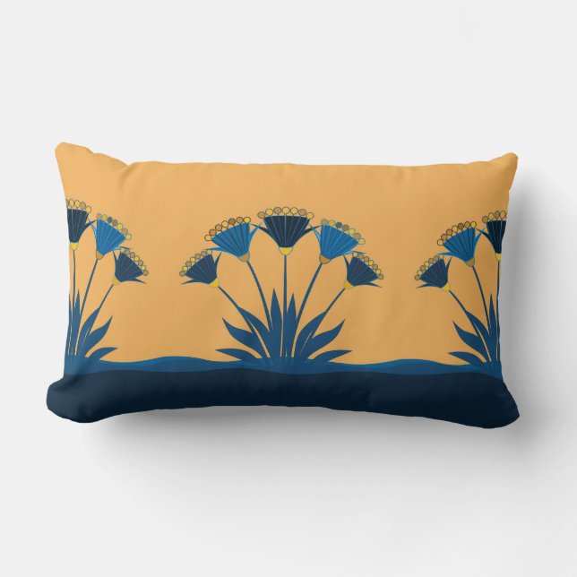 Abstract flowers, mustard yellow, navy blue, gold  lumbar cushion (Front)