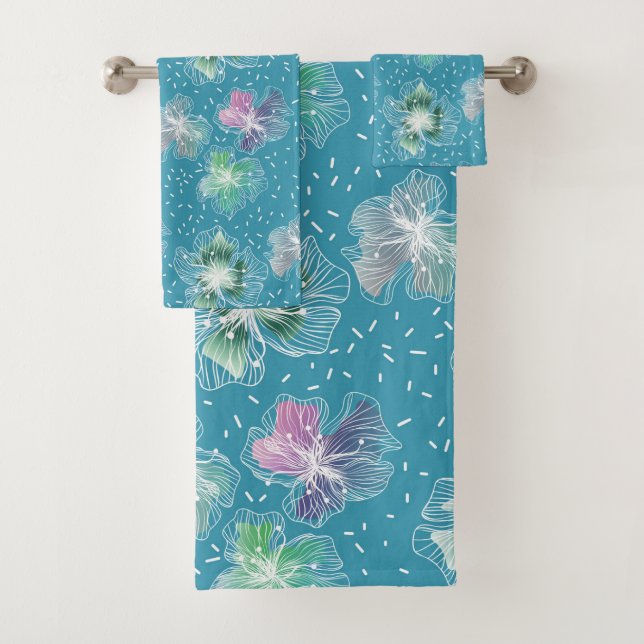 Abstract flowers on beautiful light blue tones bath towel set (Insitu)