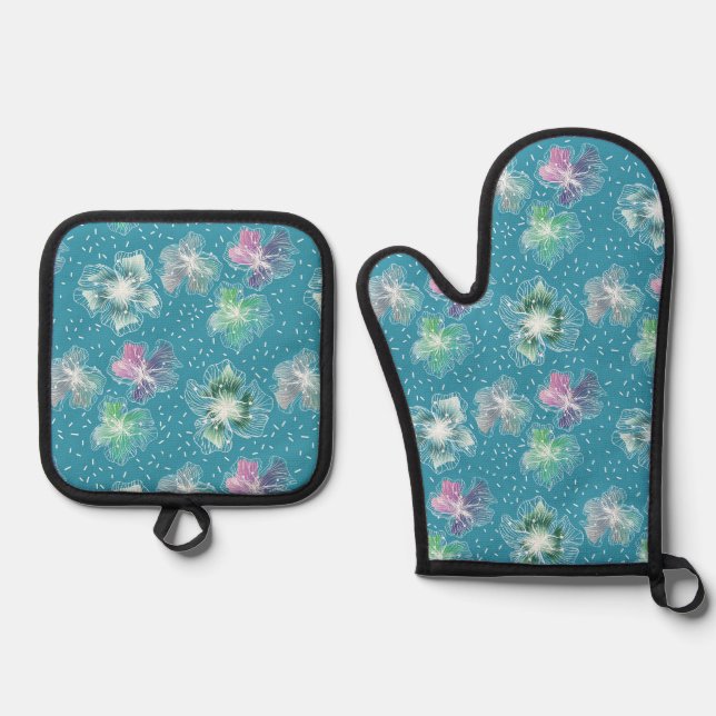 Abstract flowers on beautiful light blue tones oven mitt & pot holder set (Front)