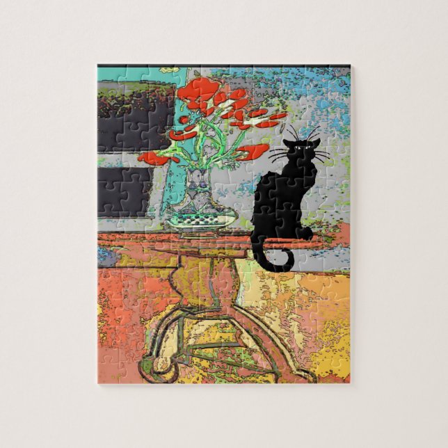 Abstract Flowers on Table with Cat Jigsaw Puzzle (Vertical)