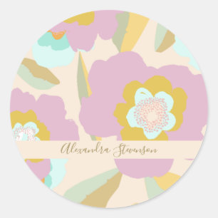 Abstract Flowers Pastel Floral Personalised Name Classic Round Sticker