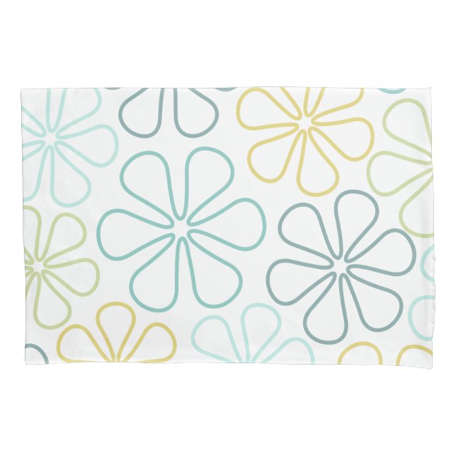 Abstract Flowers Teals Yellow Lime White Pillowcase (Front)