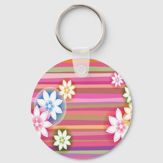 Abstract Flowers Warm Colors Pink Stripes Key Ring (Front)
