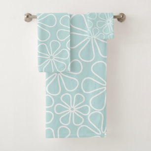 Abstract Flowers White on Duck Egg Blue Bath Towel Set