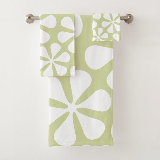 Abstract Flowers White on Lime Bath Towel Set (Insitu)