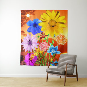 Abstract Flowers With Sunset - Colourful Flowering Tapestry
