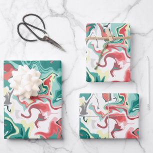 Abstract Fluid Art in Green, White, and Red Wrapping Paper Sheet