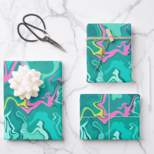 Abstract Fluid Art with Green, Pink, & Yellow Wrapping Paper Sheet