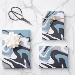 Abstract Fluid Art with Swirling Blue & Grey Tones Wrapping Paper Sheet