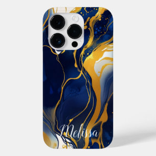 Abstract Fluid Navy Blue Gold Personalise name Case-Mate iPhone 14 Pro Case