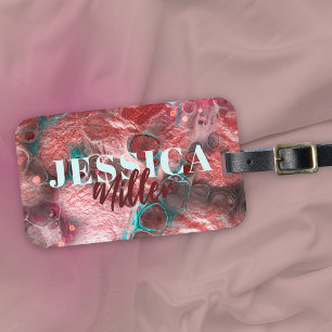 Abstract Fluid Paint Red Teal Sparkling Accents  Luggage Tag