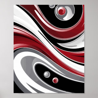 Abstract Fluid Swirl in Red, Black, & White Tones Poster
