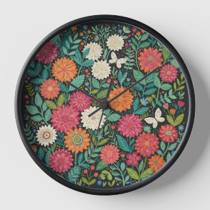 Abstract Folk Art Dahlias Butterflies Art Clocks