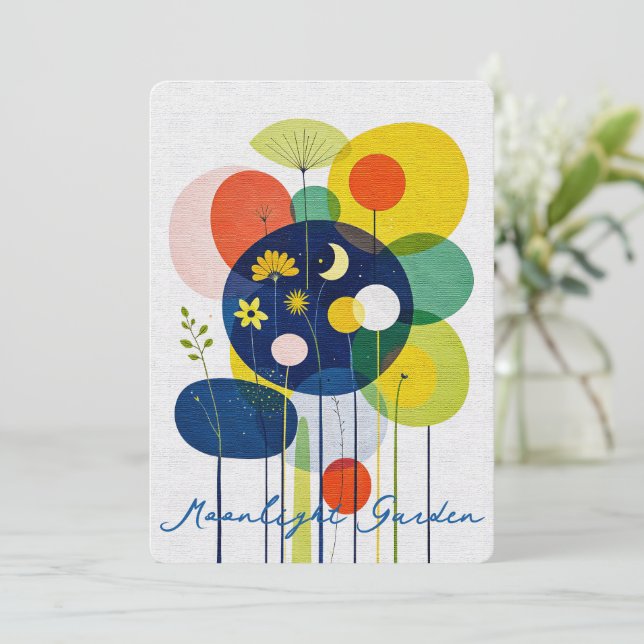 Abstract Folk Art Garden Moon Stars Whimsical Holiday Card (Standing Front)