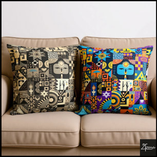 Abstract Folk Art Geometric Quilt Mosaic Cushion