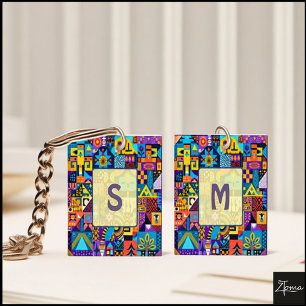 Abstract Folk Art Geometric Quilt Mosaic Key Ring