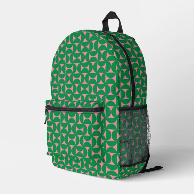 Abstract Forest Green & Pink Geometric Pattern Printed Backpack (Back Corner Right)
