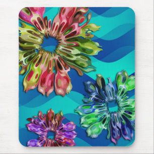 abstract fractal flowers 2D   blue cyan waves Mouse Mat